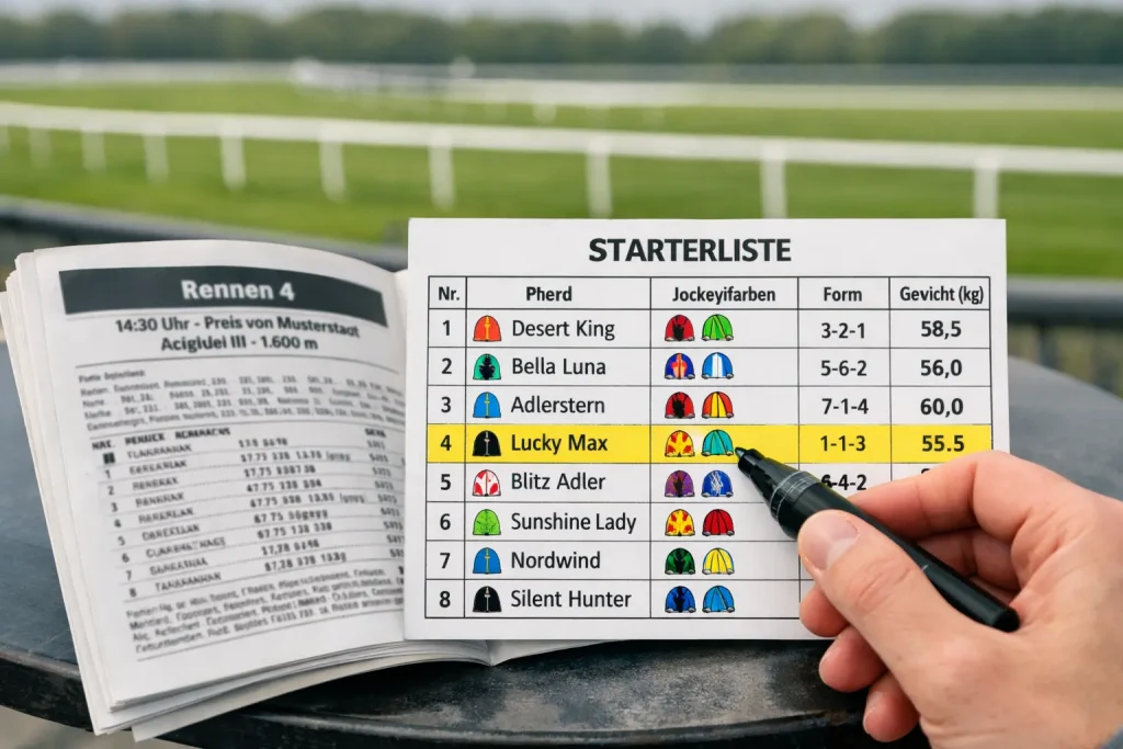 Formanalyse bei Pferderennen — Racecard und Rennprogramm auf einem Tisch neben der Rennbahn
