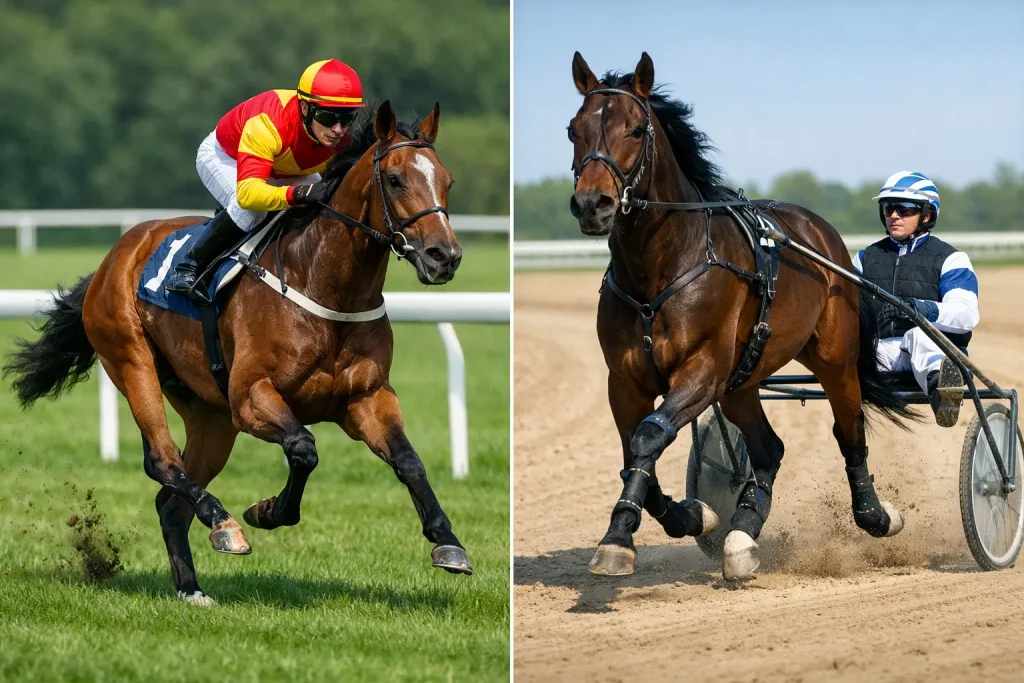 Galopprennen vs. Trabrennen — Splitscreen mit Galopper im Sattel und Traber mit Sulky