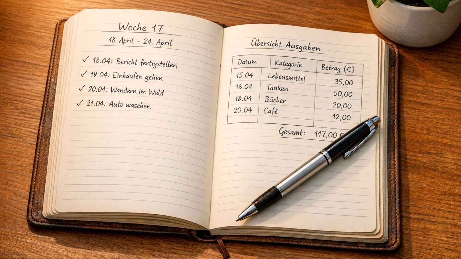 Notizbuch mit Wettprotokoll und Stift auf dem Schreibtisch