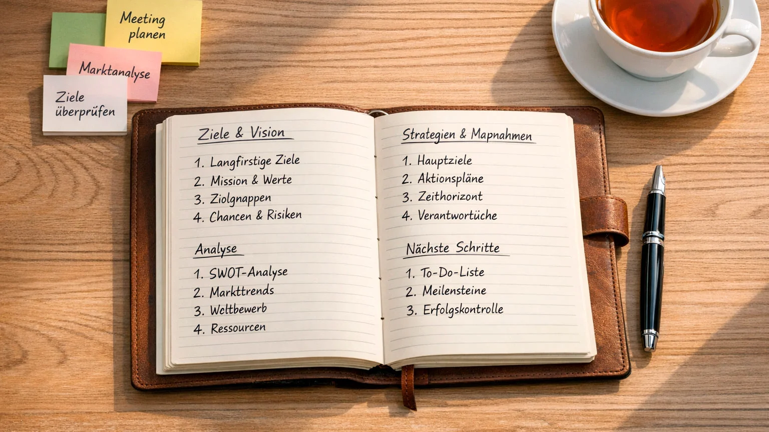 Strukturiertes Notizbuch mit Wettplan und Strategienotizen