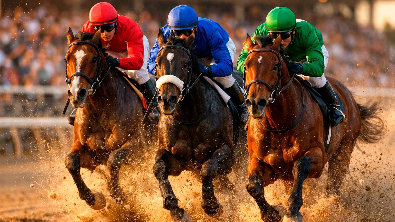 Vollblutpferde im spannenden Galopprennen auf einer Sandbahn mit Jockeys in farbigen Trikots