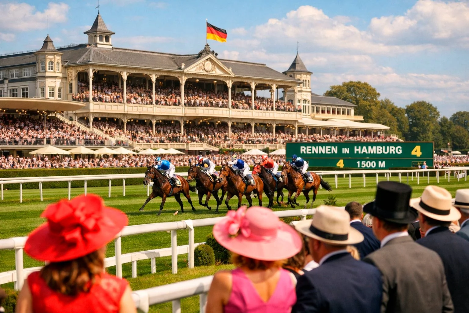 Elegante Tribüne mit Zuschauern bei einem großen Pferderennen-Event