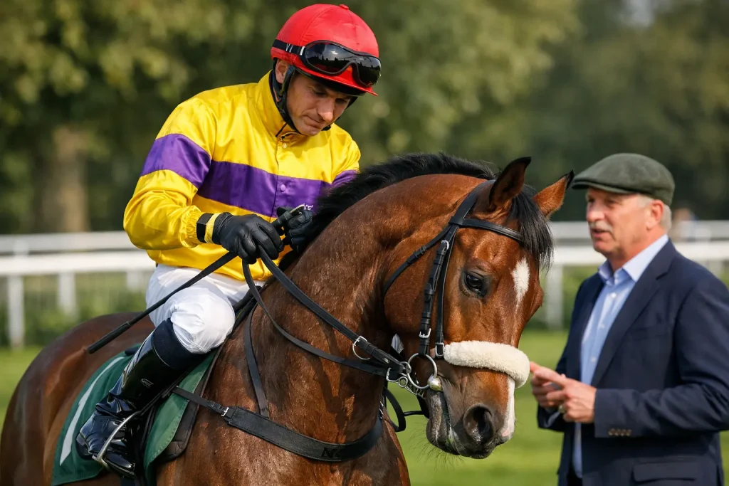 Jockey und Trainer bei Pferderennen — Jockey im Sattel beim Galopprennen in Nahaufnahme