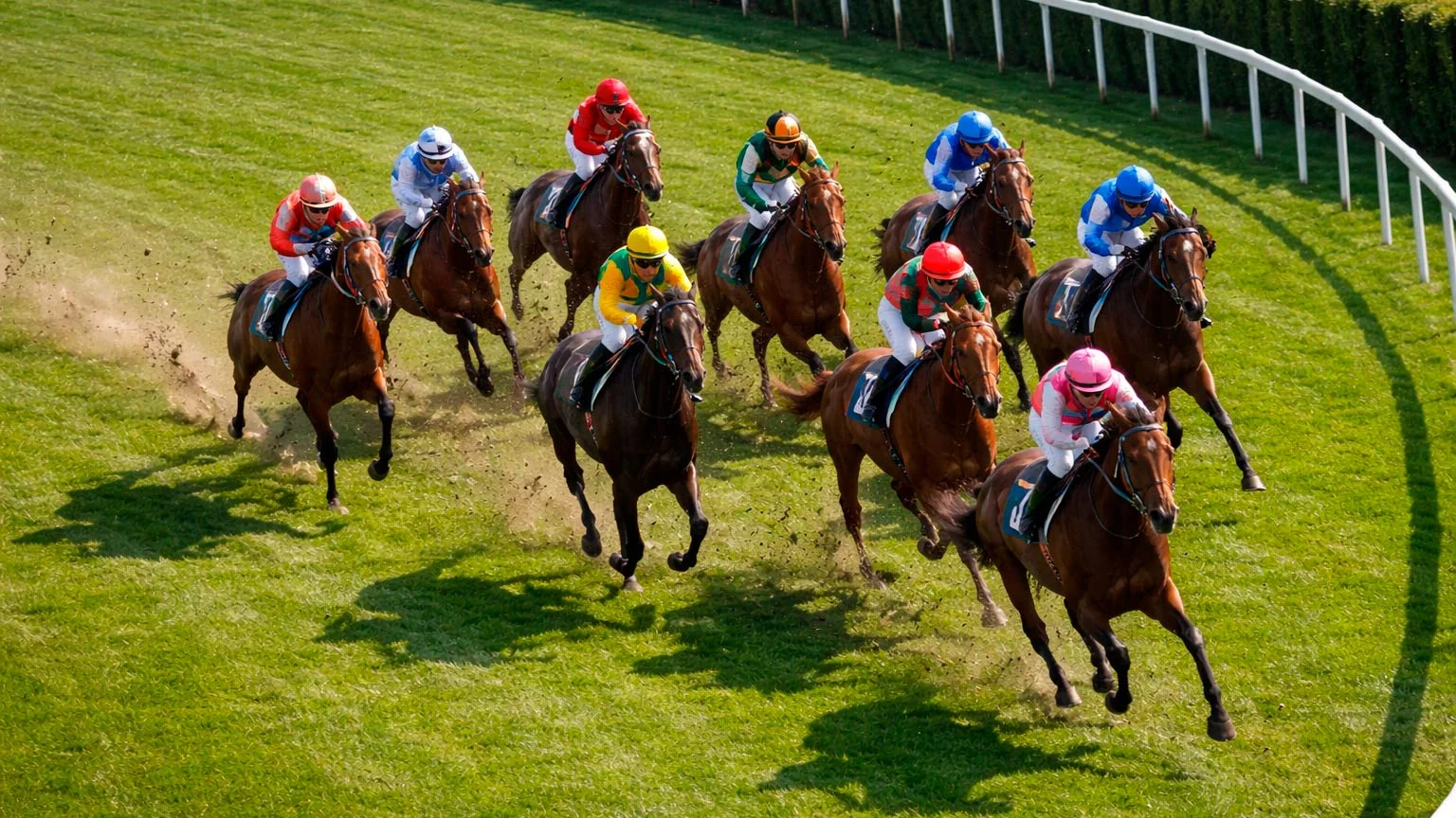 Mehrere Pferde kämpfen um die vorderen Plätze im Rennen