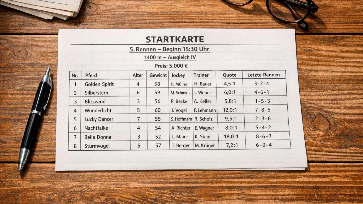 Racecard mit Pferdenamen und Jockey-Informationen auf einem Tisch