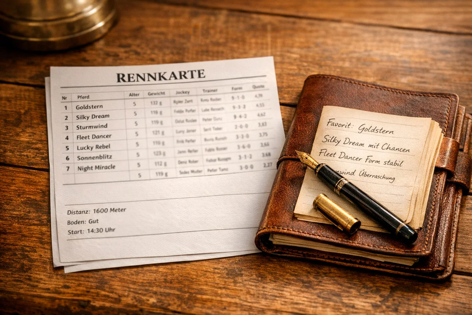 Rennkarte mit Pferdedaten und Quoten auf einem Holztisch neben einem Notizbuch