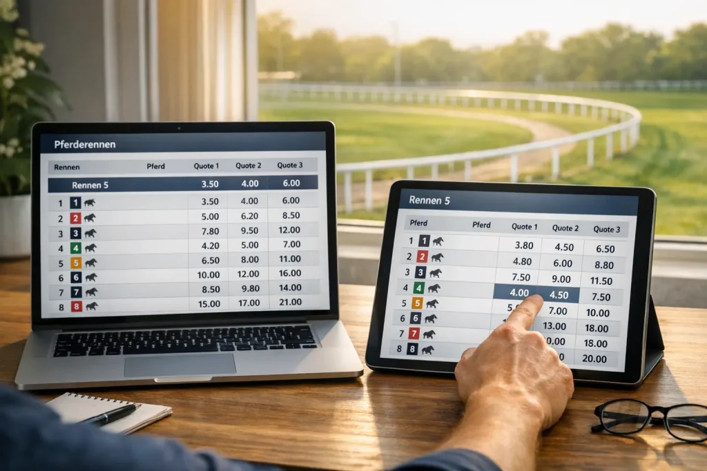 Quotenvergleich bei Pferdewetten — Mehrere Bildschirme mit Wettquoten vor einer Galopprennbahn