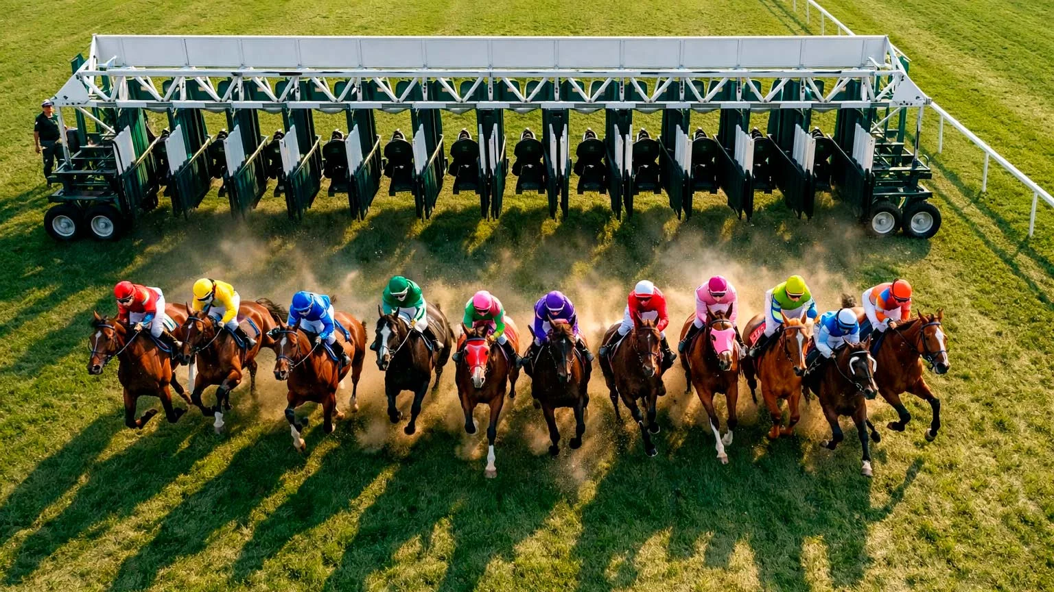 Großes Starterfeld bei einem Pferderennen aus der Vogelperspektive