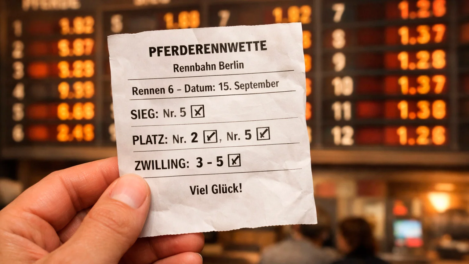 Hand hält Wettschein vor einer Anzeigetafel mit Quoten