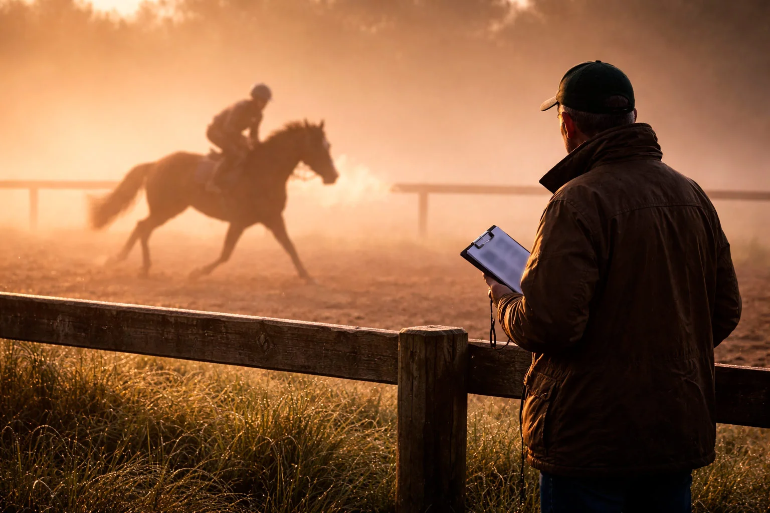 Trainer im Mantel beobachtet Pferd beim Morgentraining auf nebliger Rennbahn
