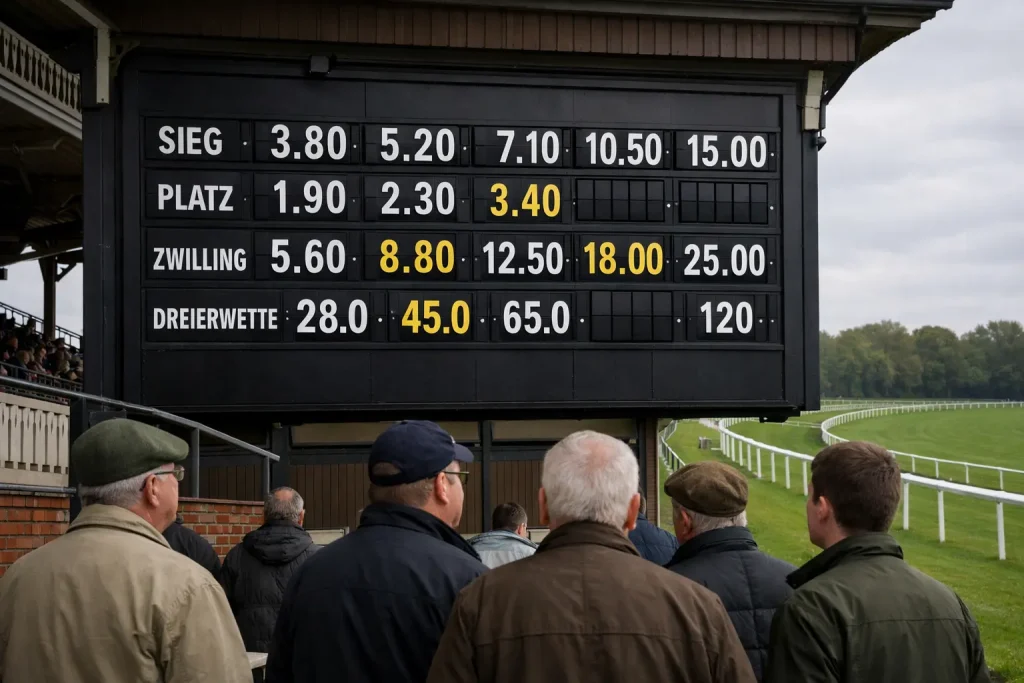 Totalisator vs. Festquoten — Quotentafel an einer deutschen Galopprennbahn