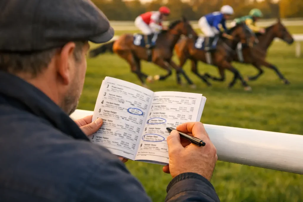 Value Betting bei Pferdewetten — Nahaufnahme eines Galopprennens mit Quotentafel im Hintergrund