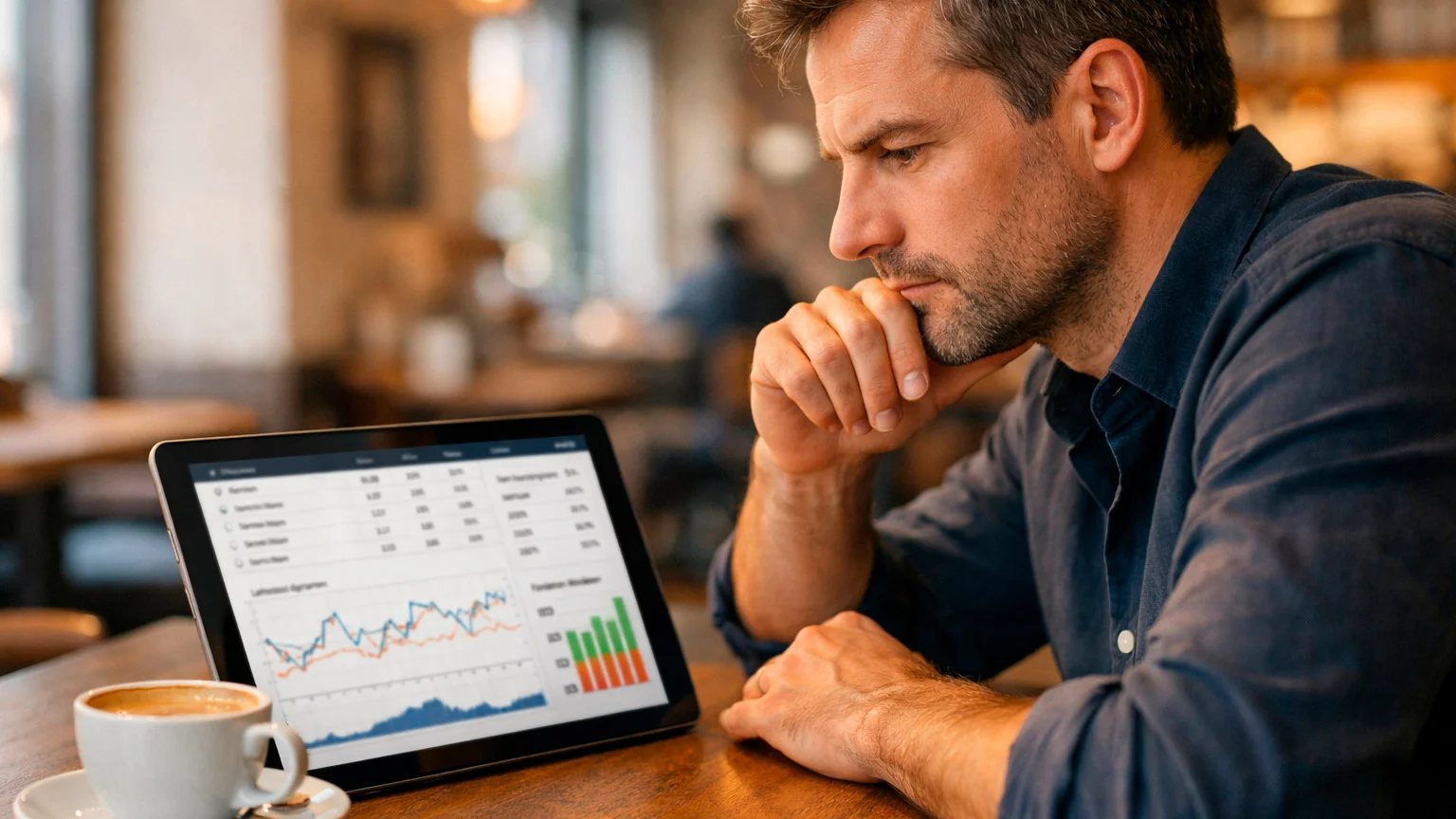 Nachdenklicher Wetter analysiert Renndaten auf dem Tablet