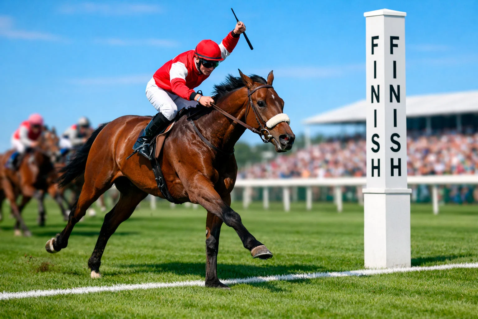 Jockey in rotem Trikot auf braunem Pferd überquert Ziellinie auf Grasrennbahn